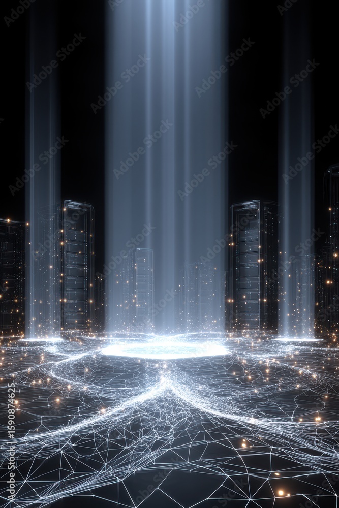 Poster modern digital network with futuristic glowing data streams and connected nodes