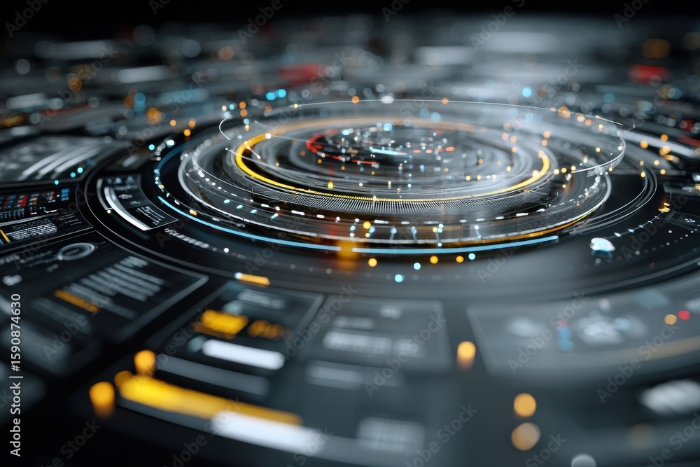 Poster futuristic glowing abstract digital user interface with concentric shapes.
