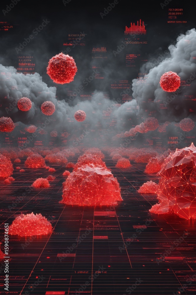 Poster abstract digital landscape with red wireframe elements and futuristic data visualizations
