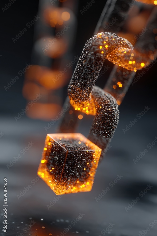 Poster glowing futuristic blockchain elements with detailed texture on dark background