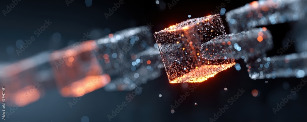 Poster futuristic blockchain network with glowing linked cube chains in a dark background
