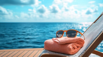 Lounge chair with towel and sunglasses on cruise deck, vacation relaxation scene generative ai