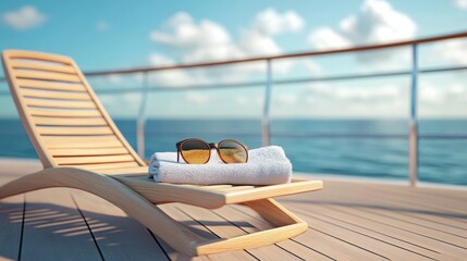 Lounge chair with towel and sunglasses on cruise deck, vacation relaxation scene generative ai