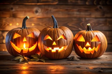 Three carved pumpkins with glowing faces on a wooden table