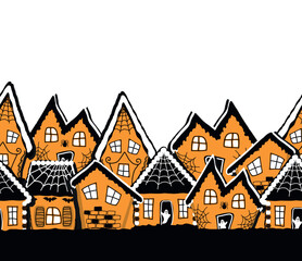 Halloween Gingerbread Houses. Spooky Village. Seamless Border. Silhouettes of Houses on White Background. Halloween Background. Vector illustration in Orange, Black