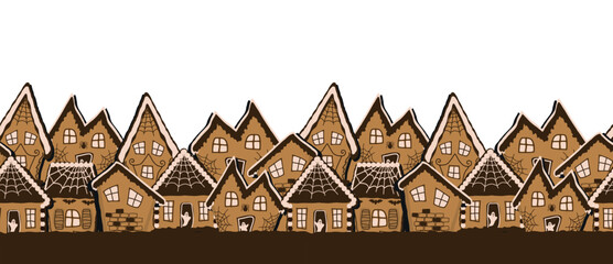 Halloween Gingerbread Houses. Seamless Border. Spooky Village. Banner. Silhouettes of Houses on White Background. Halloween Background. Vector illustration in Brown, Beige