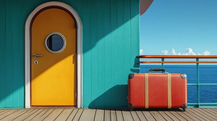 Luggage next to cruise room door, beginning of a journey, anticipation of adventure concept generative ai