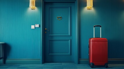Luggage next to cruise room door, beginning of a journey, anticipation of adventure concept generative ai
