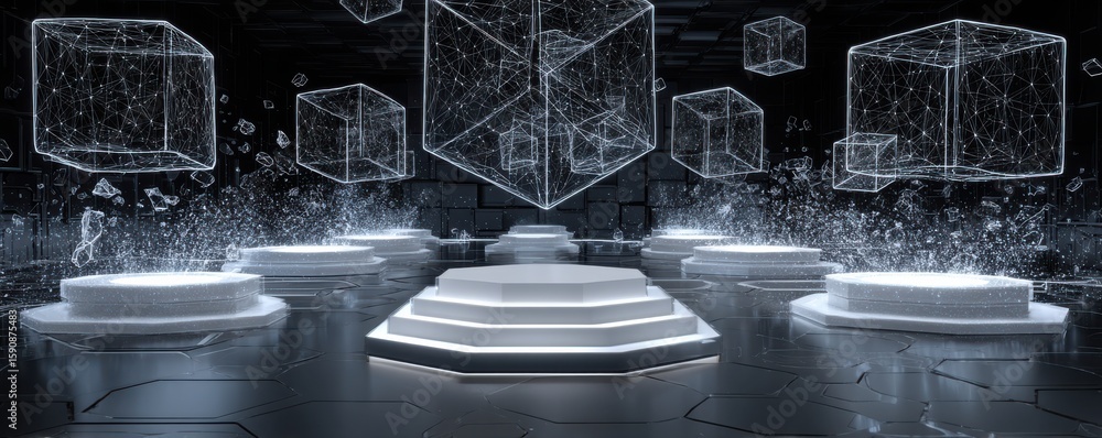 Aufkleber futuristic digital chamber with floating wireframe cubes and illuminated platforms.