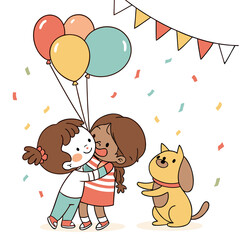 Happy Children with Their Pets Celebrating Friendship Day Outdoors

