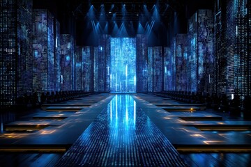 Fototapeta premium Futuristic stage design with illuminated panels and a glowing reflective pathway