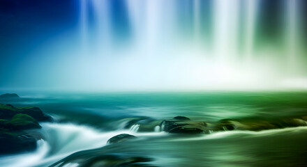 Serene long exposure captures soft, dreamy blues and greens of coastal waters cascading over rocks creating calming scenic view.