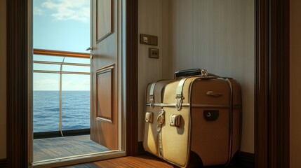 Luggage next to cruise room door, beginning of a journey, anticipation of adventure concept generative ai
