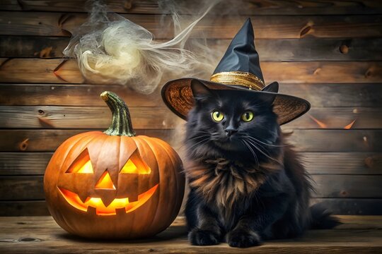 A black cat wearing a witch hat next to a pumpkin