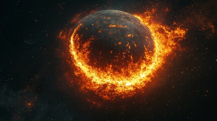 In an apocalyptic scene, a distant planet is engulfed in flames, surrounded by cosmic elements, shows the catastrophic end of a celestial body in dark, mysterious universe full of beauty and intrigue