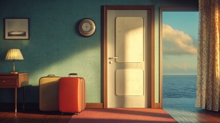 Luggage next to cruise room door, beginning of a journey, anticipation of adventure concept generative ai