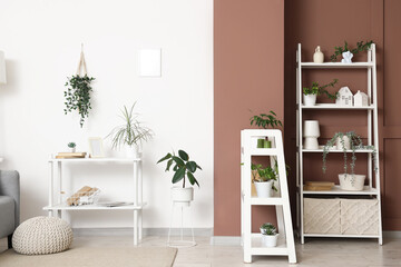 Interior of living room with shelf units and green plants