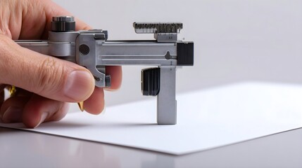 Measuring paper thickness with digital caliper on white background
