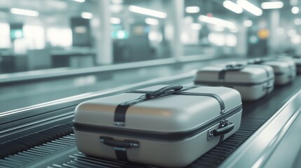 Luggage on the airport conveyor belt, close-up, generative ai