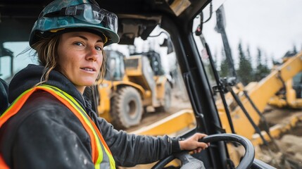 Female heavy equipment operator driving bulldozer on construction site
