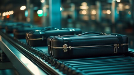Luggage on the airport conveyor belt, close-up, generative ai