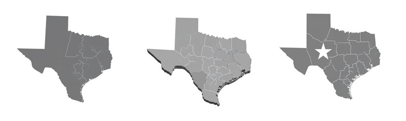 Obraz premium Set Minimalist Gray Map of Texas with Smooth Corners and Stylized Edges, Graphic Cutout Style, isolated on transparent background PNG