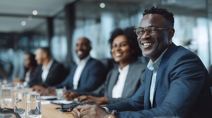 African American professionals in board meeting presentation setting

