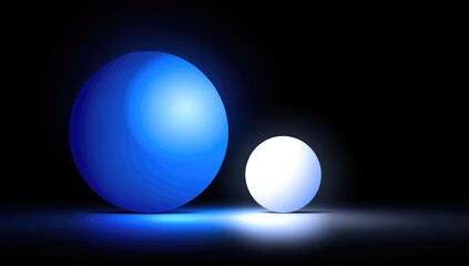 Two glowing spheres, blue large, white small, dark background