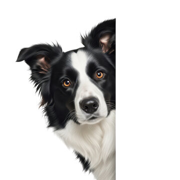 Photo of a curious border collie dog with striking black and white fur peeks around a transparent background, its intelligent eyes looking directly at the viewer