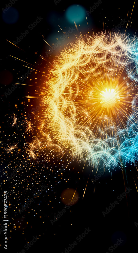Poster an abstract and vibrant display showcasing sparkling light and ethereal elements in a dark setting t