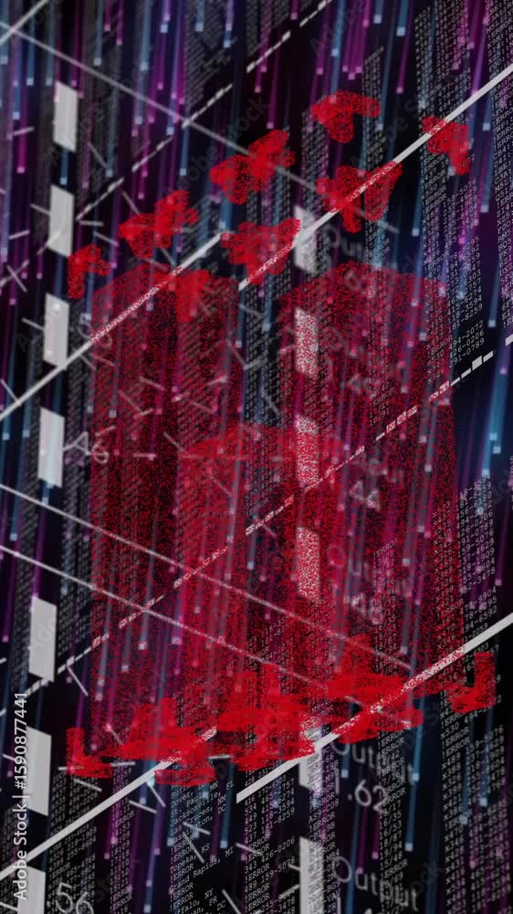Poster animation of red 3d abstract pattern over lines and illuminated lines moving in circular motion