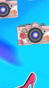 Animation of red high heeled shoes and cameras on blue abstract background