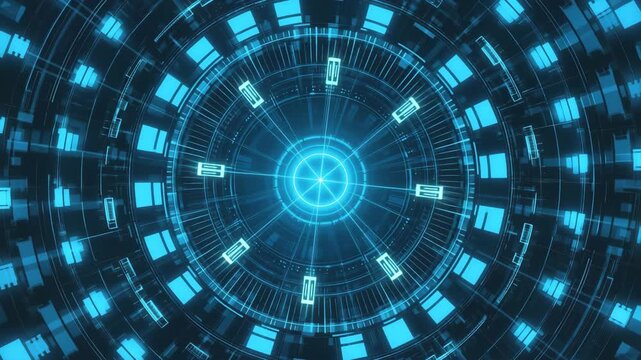 Futuristic Blue Digital HUD Interface Animation in Circular Grid Design - Powered by Adobe