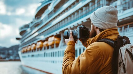 Man holding camera, photographing cruise ship details, generative ai