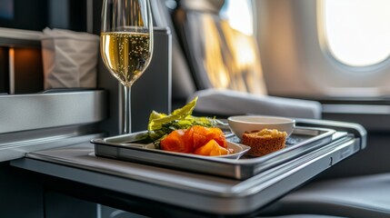 Luxury travel, business class meal tray and champagne on the plane seat, generative ai