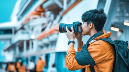 Man holding camera, photographing cruise ship details, generative ai