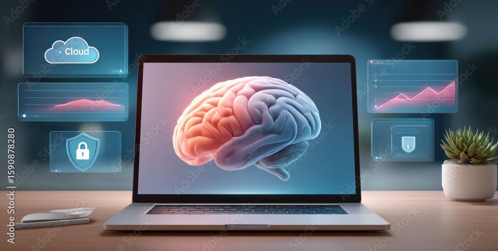 Aufkleber laptop displaying a brain hologram representing artificial intelligence and technology