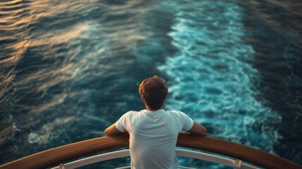 Man leaning on cruise ship railing, contemplating the waves, peaceful moment at sea, generative ai