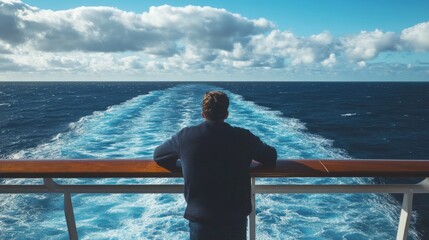 Man leaning on cruise ship railing, contemplating the waves, peaceful moment at sea, generative ai