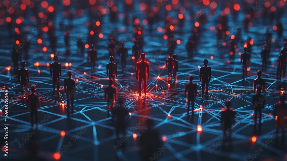 Poster this visual depicts a networked society where humans are interconnected in a digital realm, illumina