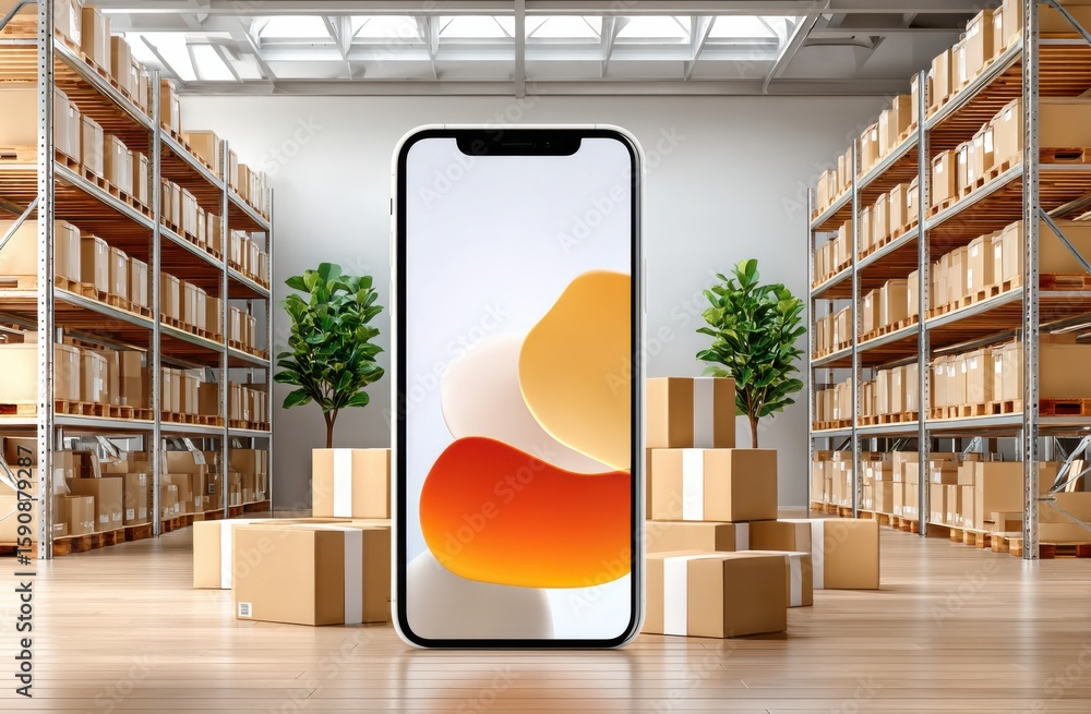 Poster smartphone display in a modern warehouse environment with stacked cardboard boxes