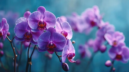 Naklejka premium Orchid mood for floral echo concept. Vibrant purple orchids blooming in a serene background.