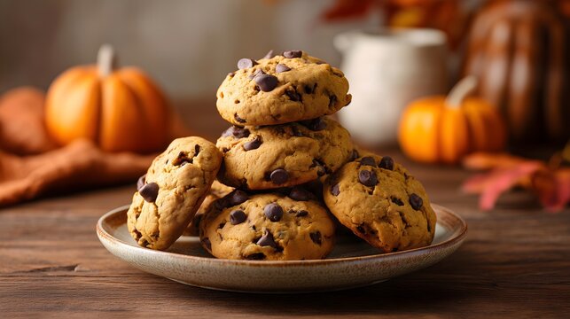 Pumpkin chocolate chip cookies stacked on rustic plate
- Powered by Adobe