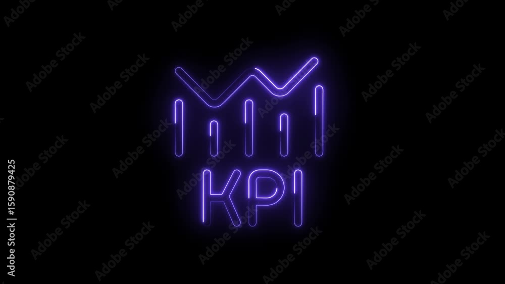 Poster glowing neon k p i icon with bar graph and waveform on black background futuristic business analytic
