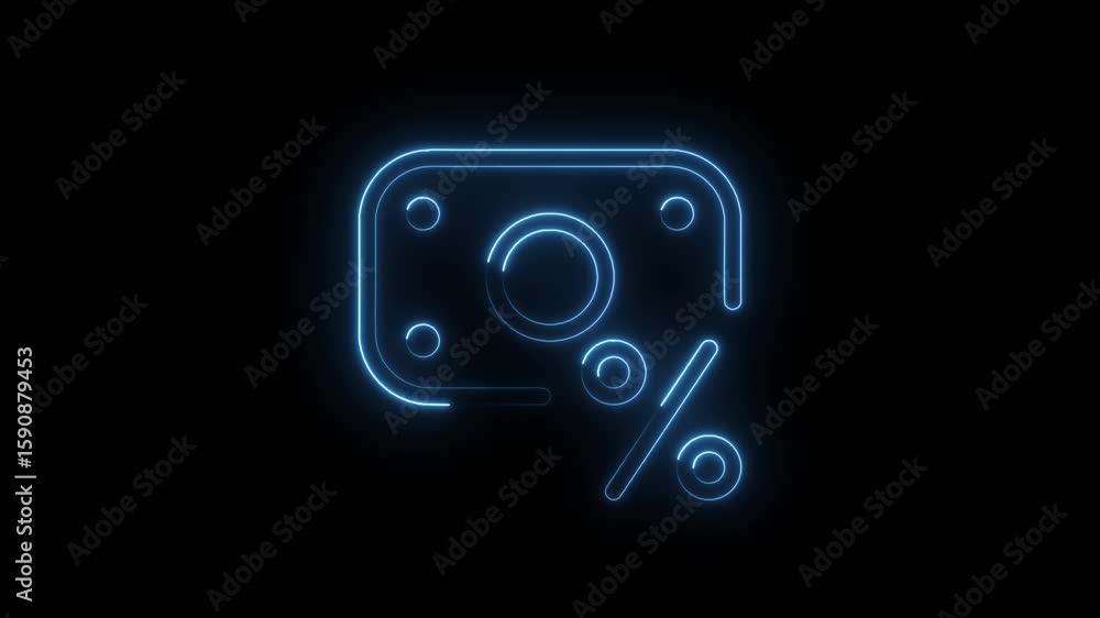 Poster glowing blue neon percentage icon with abstract circular elements and rounded corners isolated on bl