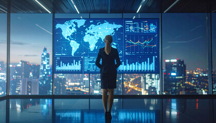 A female business executive stands in front of a massive digital dashboard displaying global analytics, charts, and data visualization inside a high-rise office overlooking a cityscape at night. The s