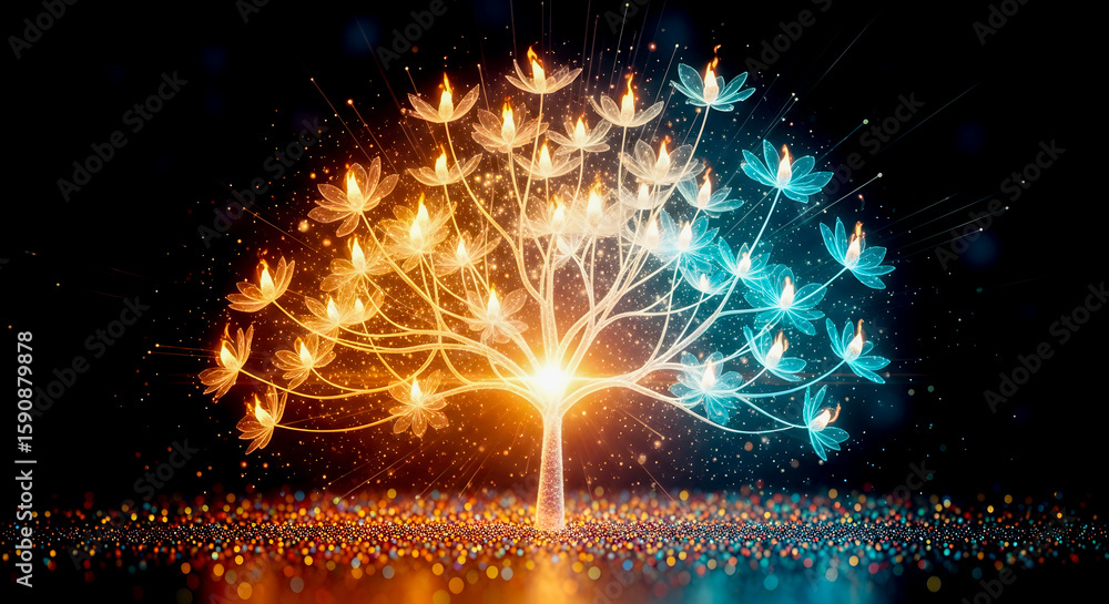 Poster a luminous fantasy tree with glowing leaves and a spectrum of colors on a dark night, creating an et