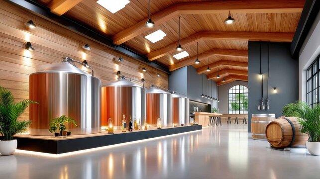 Modern craft brewery interior with stainless tanks and wooden accents