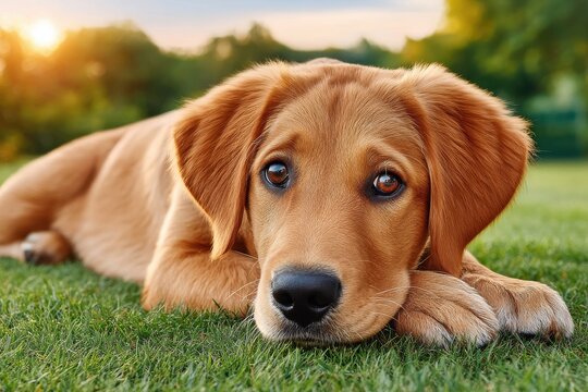 Close-up of a golden retriever puppy relaxing on grass at sunset - Powered by Adobe