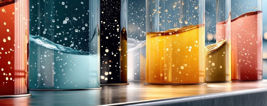 Close-up of carbonated beverages in glasses under bright and colorful lighting